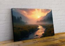 Misty Mountain Valley River Sunset Stream Large Canvas Wall Art Picture Print