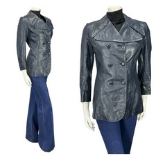 VTG 60S 70S NAVY BLUE MOD LEATHER DOUBLE BREASTED CROPPED TRENCH MAC JACKET 10