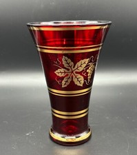 Ruby Red Bohemian  Glass Vase, Grape & Vine Leaf Pattern, 17cm Tall Bohemia