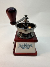 Vintage French Style Coffee Grinder Blue & White Floral Ceramic & Wood Decor