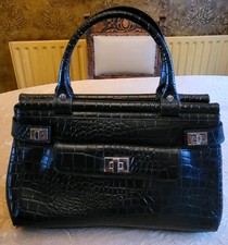 LADIES BLACK LEATHER DESIGNERS BY DEBENHAMS MOCK CROC HANDBAG ~ GREAT