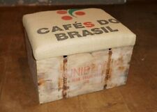 Brazilian Coffee Bean Sack Footstool Ottoman with Rustic Waxed Wooden Crate Box