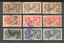 GREAT BRITAIN , GEORGE V , 3 x sets of 3 RE-ENGRAVED SEAHORSE stamps fine used