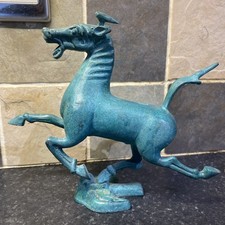 VINTAGE GREEN PATINA HOLLOW BRONZE FLYING HORSE OF GANSU ON SWALLOW 6" STATUE