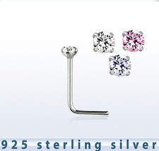 TINY STERLING SILVER 925 C/Z NOSE STUD PRONG SETTING  L SHAPE 1.5MM C/Z 52