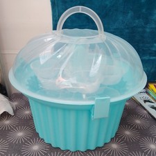 Carrier Holds 21 Cupcakes Fairy Cakes Handles 3 Tiers Tub Blue Clear Lid
