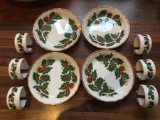 Queens China Yuletide - Holly Pattern - 6 napkin rings and 4 butter pat dishes