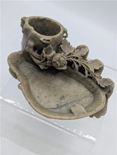 Vintage Chinese Soapstone Carved Floral Brush Pot / Ashtray Desk Tidy 