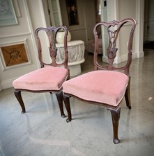 Pair Of Ornate Carved Antique Victorian Bedroom / Hall Chairs Pink