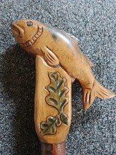 Vintage Handmade Walking Hiking Stick Hazel Shank with Hand Carved Fish Topper