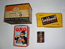 Esso lighter fuel tin, Lockheed box, Chemico grinding paste, OXO tin. Vintage.