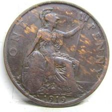1919 KN One Penny Coin George V British -  Good Grade #199