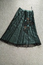 COAST 100% Silk Skirt A-line Embroidered With Netting Green & Black UK 10