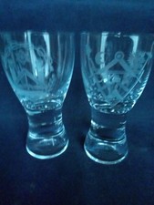 2 x Bohemian Crystal Wine Glasses Wheel Engraved With Various Masonic Symbols