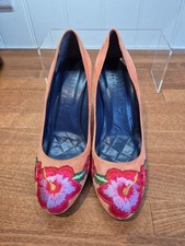 Ladies Hispanitas Peach/Floral Suede Heeled Shoes UK 5 EU 38 Excellent
