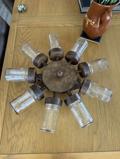 Mid-century Modern Danish Wooden Wall Mounted Spinning Wheel Spice Jars.