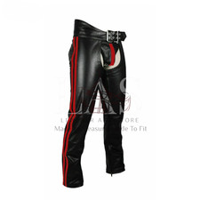REAL LEATHER BIKER CHAPS Men's Red Stripes Side Detail Adjustable NEW