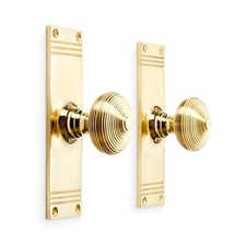 Pair Solid Brass Beehive Mortise Door Knobs on Back Plate - antique style handle