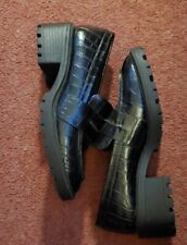 90s VTG Black Polished Faux Croc Skin Heeled Loafers 4 Mules Spice Girls Shoes