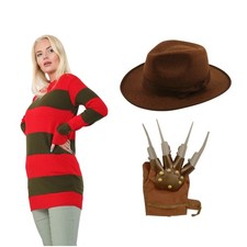 Women's Freddy Krueger Costume Striped Jumper Hat Claw Halloween Fancy Dress