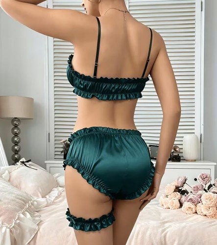 Green satin lingerie set bra - satin,