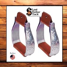 WESTERN STIRRUPS ~ PREMIUM HEAVY QUALITY ALUMINIUM ~ ENGRAVED WITH LEATHER TREAD