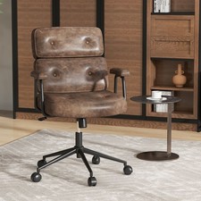 GAINOOM PU Leather Upholstered Desk Chair Office Chair Button Tufted Back Brown