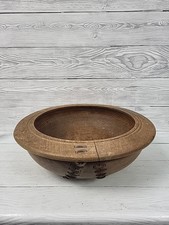 Vintage Rustic Hand Carved Wooden Dough Bowl Leather Stitch Repair. PD2007125