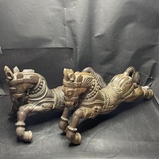 Pair of Antique Carved Wooden Horse Statues 19th Century Indian Palace Decor