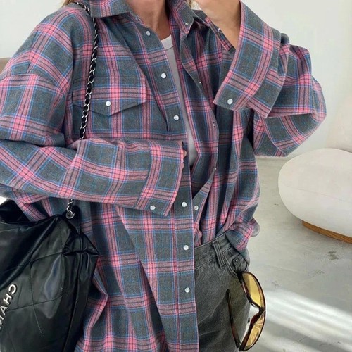 Women oversized plaid shirt - oversized,