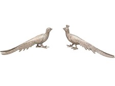 Pair of Silver Metal Pheasant Bird Statues for Garden Decoration