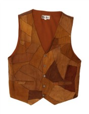 VINTAGE Mens Suede Waistcoat Large Brown Patchwork Leather DW37