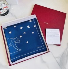 New Cartier 100% Silk Scarf Dark Blue Panthère 42x42 cm W/ Gift Box