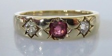 Gold Diamond Ring - 15ct Yellow Gold Ruby Diamond 3 Stone Gypsy Ring Size N