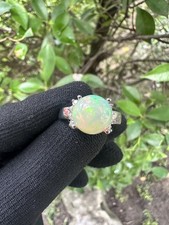 925 Silver White Gold Plated Ethiopian Opal Women’s Ring  October Birthstone