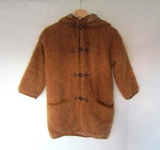Vintage child's duffle coat, tan brown mohair wool, detachable hood, age 8-10