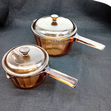 VINTAGE VISION CORNING FRANCE AMBER GLASS PANS Lidded 1L & 2.5L Collectable