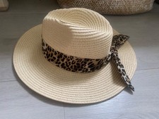 Ladies Straw Hat Leopard Print Ribbon Tie Summer Festival Boater Cuba Fedora