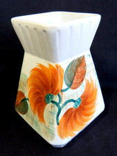 Unusual Radford Square Vase 1195. Hand Painted Orange Green Brown Flowers. 16cm
