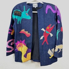 Vintage Girasol Mexican Chambray Denim Jacket – Colorful Animal Appliqué S/M