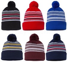 Striped beanie knit pom - striped,