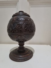 Carved Coconut Shell On Turned Wooden Pedestal  & Base, 9"