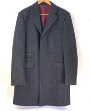 M&S Yorkshire Tweed Wool Mens Overcoat Medium Grey Herringbone Moon England