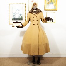 Vintage 1980s Camel Cashmere Wool Coat Leopard Print Collar and Cuffs Size UK 10