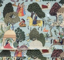 Regalia Blue Cotton Fabric Tree Animals Horses Elephants Peacock Maharajah India