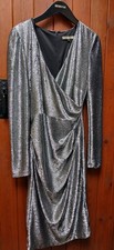 Biba Metallic Shimmer Silver Vintage Chainmail Faux Wrap Party Dress Size 12 WOW