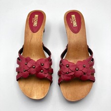Moschino Jeans Red Leather Flower Wooden Clog Sandals Mules EU 38 UK 5