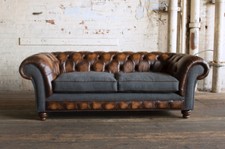 VINTAGE ANTIQUE 3 SEATER TAN BROWN LEATHER & DARK GREY WOOL CHESTERFIELD SOFA 