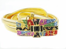 JUDITH LIEBER stunning gold art deco multi-colour rhinestone stretch belt 