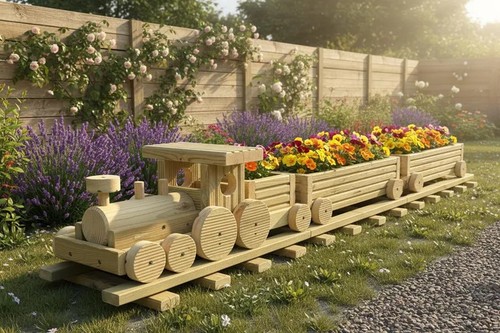 Wooden train garden planter - train,